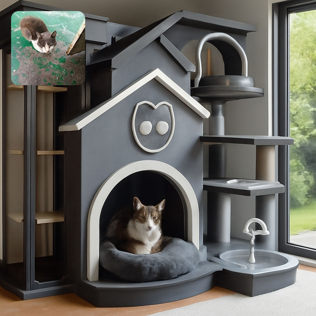 A fluffy gray and white cat is sitting on a worn green and gray floor next to a rusty metal object, looking up with a calm expression as if waiting for a treat or a chat.