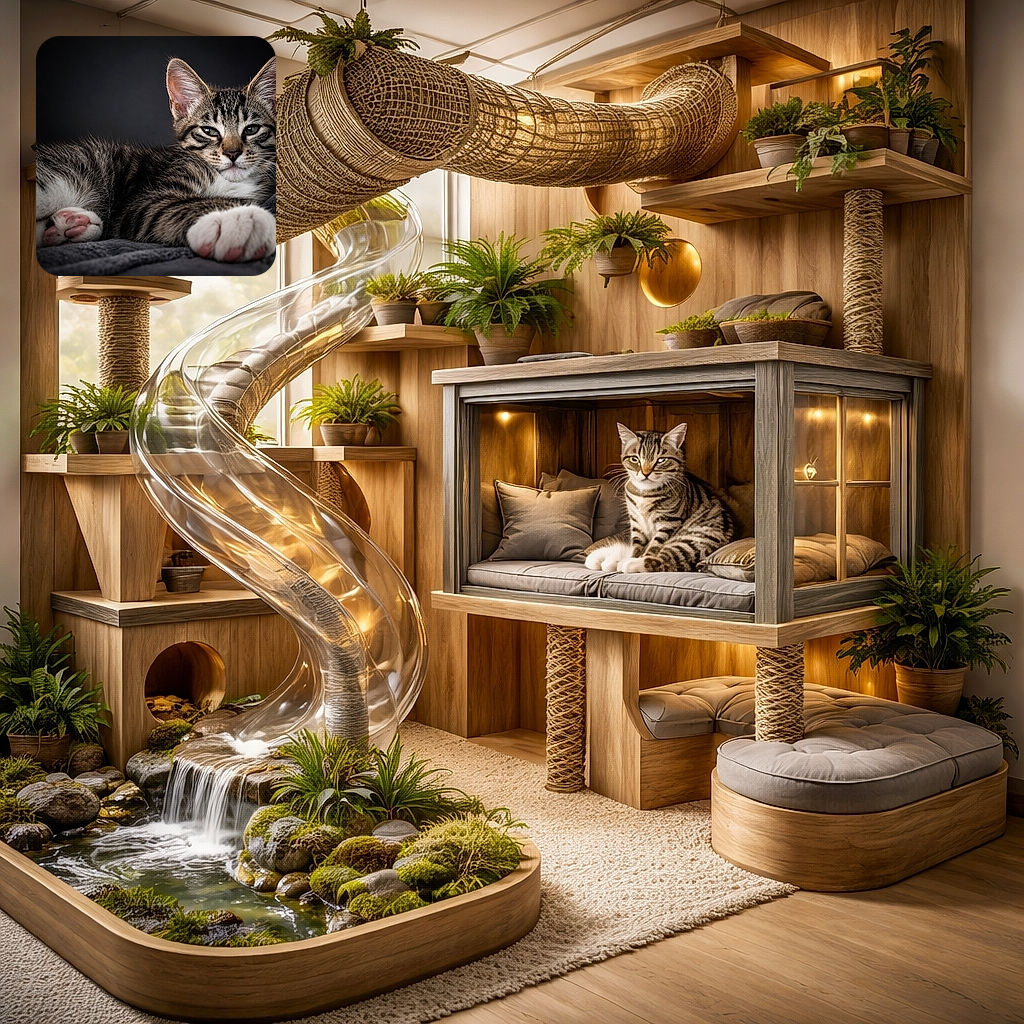 A regal tabby kitten lounges comfortably on a soft dark blanket, its pink paw pads and striped fur in sharp focus against a smooth, dark background, exuding a calm and confident feline charm.