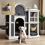 A cute little puppy with a white and black coat looks up expectantly from a tiled floor, casting a soft shadow. The perspective shows the puppy sitting patiently between a pair of feet clad in black socks.