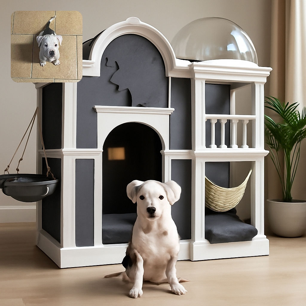 A cute little puppy with a white and black coat looks up expectantly from a tiled floor, casting a soft shadow. The perspective shows the puppy sitting patiently between a pair of feet clad in black socks.