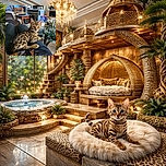 A stunning Bengal kitten with captivating blue eyes lounges comfortably on someone's lap, showcasing its beautiful spotted fur pattern. The indoor setting includes a cozy chair, a glass table cluttered with various items, and a soft focus background that highlights the kitten as the star of the scene.