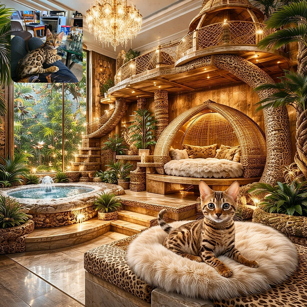 A stunning Bengal kitten with captivating blue eyes lounges comfortably on someone's lap, showcasing its beautiful spotted fur pattern. The indoor setting includes a cozy chair, a glass table cluttered with various items, and a soft focus background that highlights the kitten as the star of the scene.