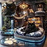 A fluffy black cat with striking heterochromatic eyes (one green, one yellow) lounges comfortably on a patterned blanket, its fur blending softly with the cozy bed setting.