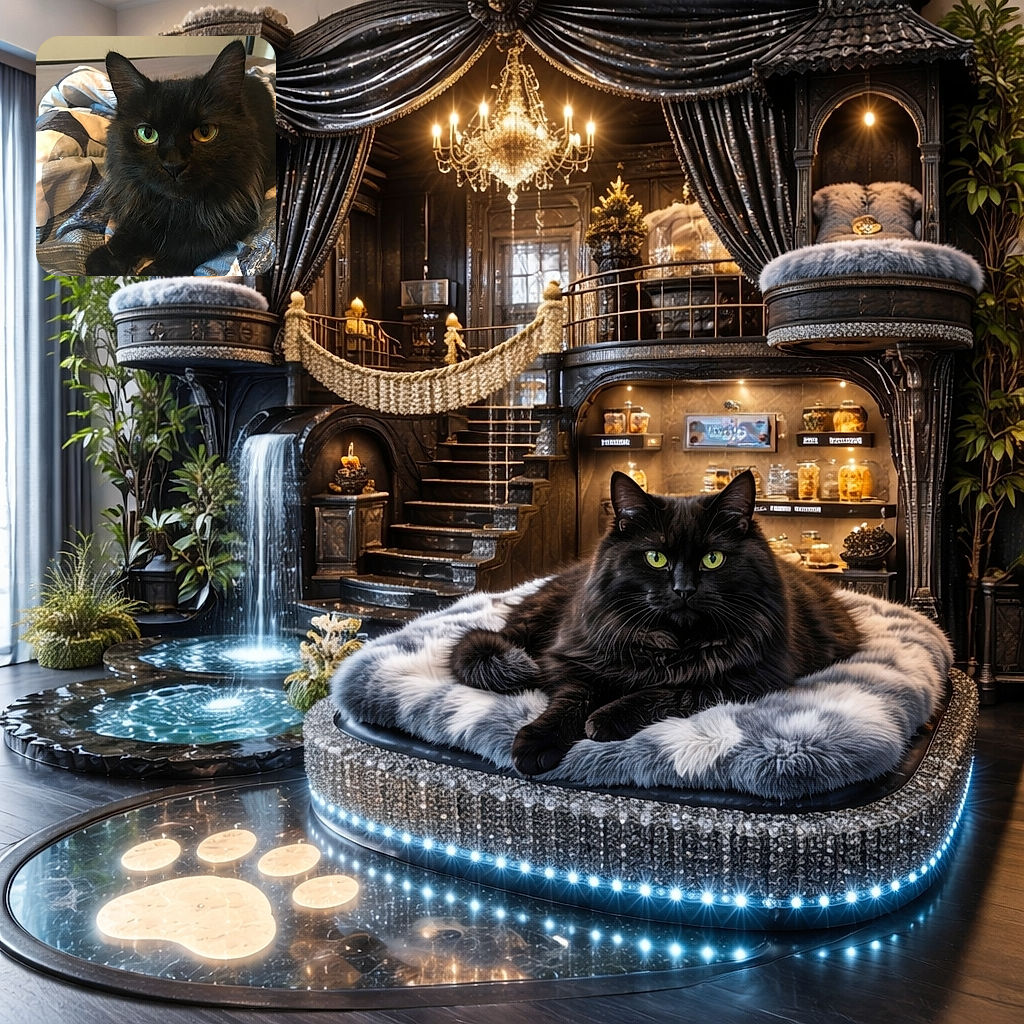 A fluffy black cat with striking heterochromatic eyes (one green, one yellow) lounges comfortably on a patterned blanket, its fur blending softly with the cozy bed setting.