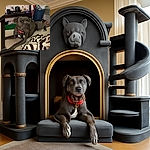 A relaxed gray dog with a red collar lounges on a beige surface, surrounded by cozy blankets and a cluttered room background featuring a desk, air conditioner, and various household items.