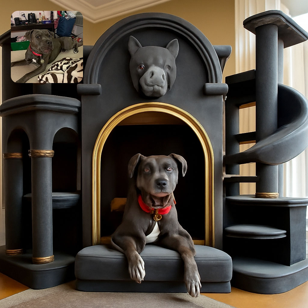A relaxed gray dog with a red collar lounges on a beige surface, surrounded by cozy blankets and a cluttered room background featuring a desk, air conditioner, and various household items.