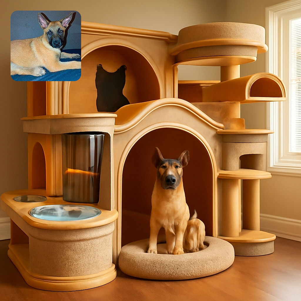 A young dog with large, alert ears lounges on a blue surface, gazing curiously at the camera with a slightly shiny nose and expressive eyes. The background is plain and dimly lit, highlighting the dog's warm tan and black fur.
