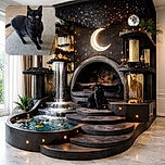 A sleek black cat with striking yellow eyes stands alert on a gray carpet in a cozy indoor setting, its curious gaze capturing the moment with natural lighting and a simple background of wooden floor and white doors.