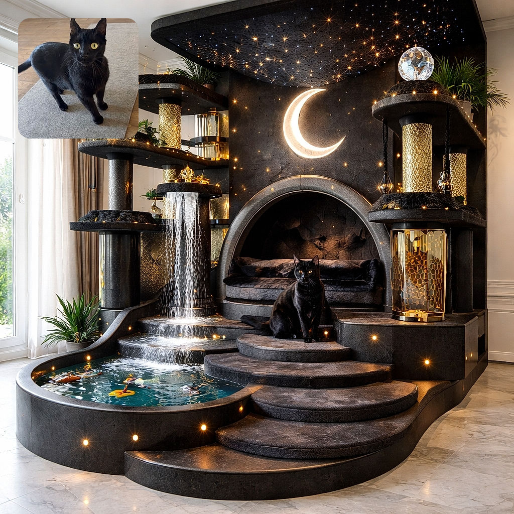 A sleek black cat with striking yellow eyes stands alert on a gray carpet in a cozy indoor setting, its curious gaze capturing the moment with natural lighting and a simple background of wooden floor and white doors.