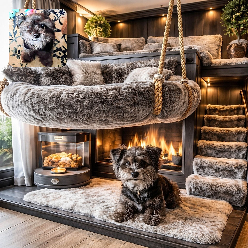 A scruffy little dog looks up with big shiny eyes and a wiry beard, sitting on a patterned rug with colorful plush toys behind — the expression reads: 'Did you say walk or snack?' Fur is a bit tousled and the photo has a soft, homey feel.