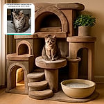 A cozy tabby cat named Lilas sits on a bed, looking down pensively. The photo is part of a participation confirmation for a cat contest, with bright and clear text overlays in French, including a call-to-action button and a link to the cat's profile.