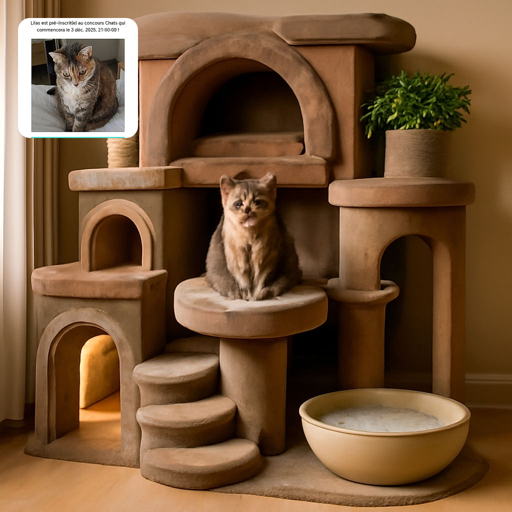 A cozy tabby cat named Lilas sits on a bed, looking down pensively. The photo is part of a participation confirmation for a cat contest, with bright and clear text overlays in French, including a call-to-action button and a link to the cat's profile.