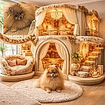 A fluffy Pomeranian dog with a voluminous, cloud-like coat lies comfortably on a textured beige blanket, looking up with soulful, shiny eyes that could melt anyone's heart.