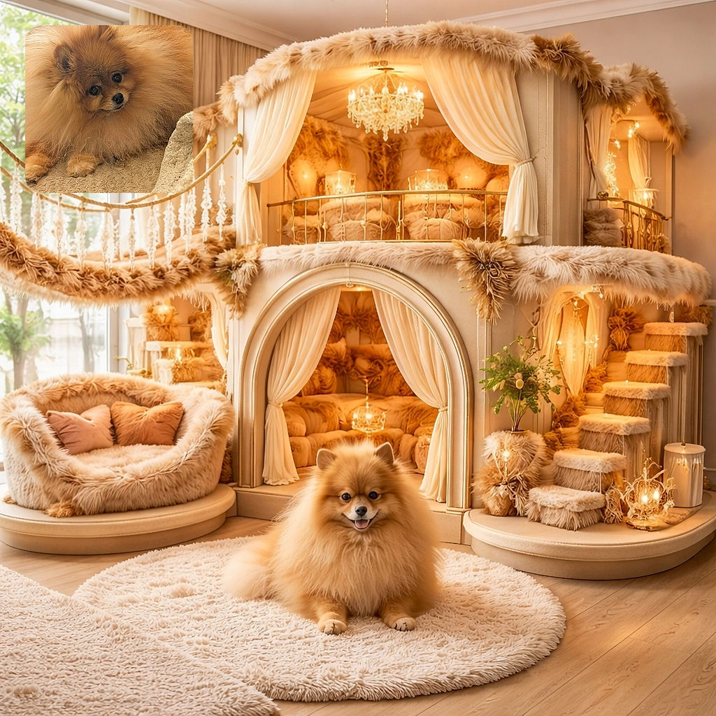 A fluffy Pomeranian dog with a voluminous, cloud-like coat lies comfortably on a textured beige blanket, looking up with soulful, shiny eyes that could melt anyone's heart.