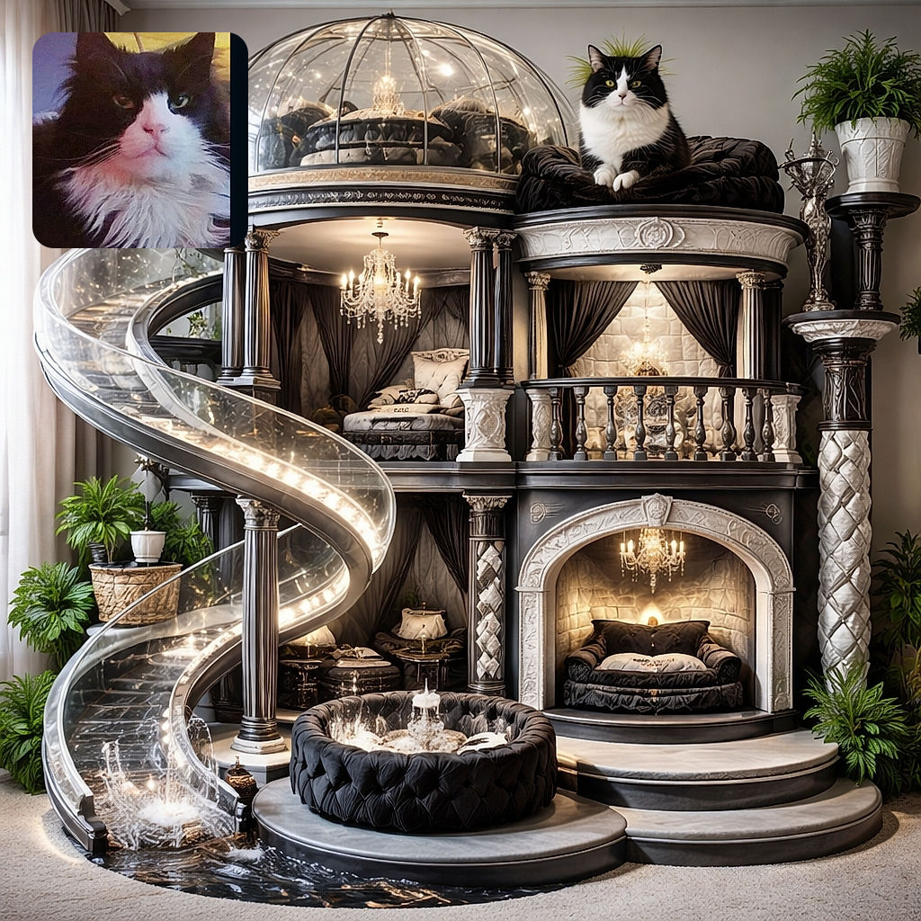 A regal tuxedo cat with a majestic fluffy ruff stares straight at the camera like it owns the house — equal parts grumpy and dignified, with whiskers on full display and a pink nose that demands treats.