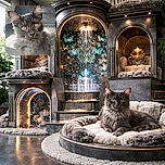 A fluffy grey kitten lounges in a sunbeam, staring at the camera with intense golden eyes and a whisker-tousled face — ears perked like little radar dishes while the tiled floor and a soft rug frame this tiny drama queen.