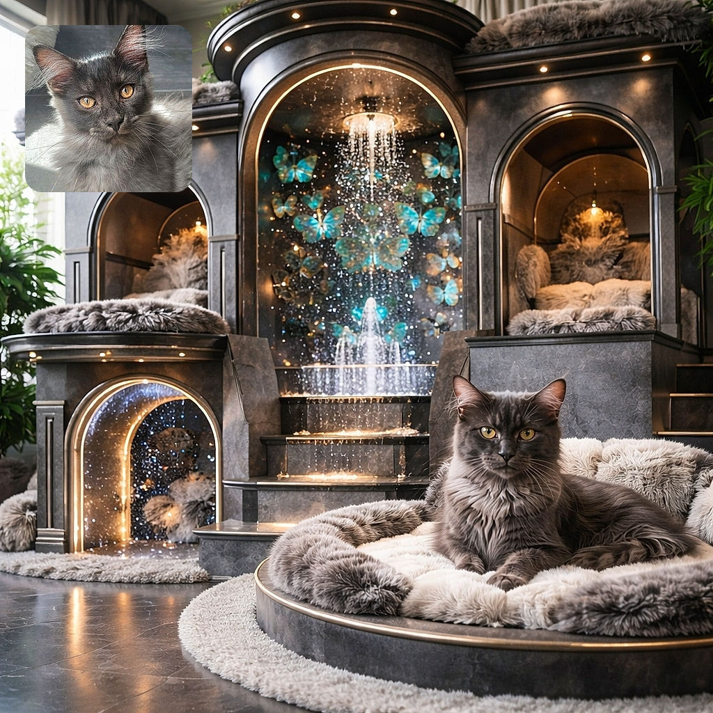 A fluffy grey kitten lounges in a sunbeam, staring at the camera with intense golden eyes and a whisker-tousled face — ears perked like little radar dishes while the tiled floor and a soft rug frame this tiny drama queen.