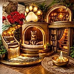 A curious Bengal cat with big, round eyes is crouched on a patterned carpet behind a vibrant bouquet of red roses in a decorative pot, looking like it's ready to pounce or smell the flowers.