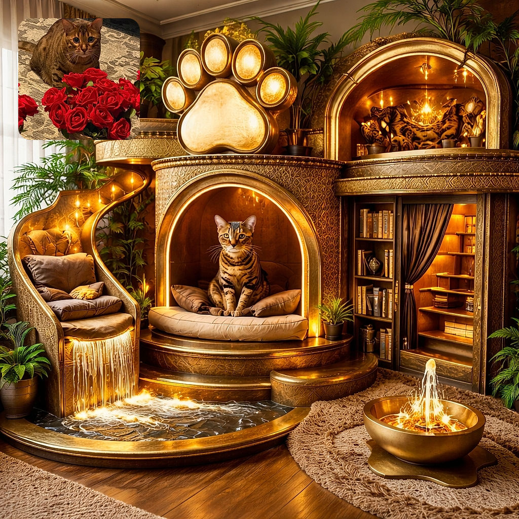 A curious Bengal cat with big, round eyes is crouched on a patterned carpet behind a vibrant bouquet of red roses in a decorative pot, looking like it's ready to pounce or smell the flowers.