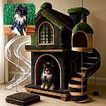 A fluffy black and tan Pomeranian with a cheeky pink tongue sticking out sits happily on a wooden bench against a vibrant green leafy backdrop, looking like the happiest little furball in town.