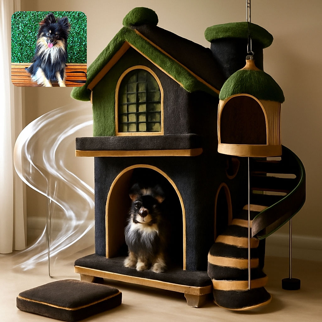 A fluffy black and tan Pomeranian with a cheeky pink tongue sticking out sits happily on a wooden bench against a vibrant green leafy backdrop, looking like the happiest little furball in town.