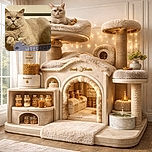 A chubby beige cat lounges regally on a cardboard scratcher, staring directly at the camera with wide, curious eyes. The cozy indoor setting highlights the cat's plush fur and relaxed posture, making it look like the king of comfort zones.