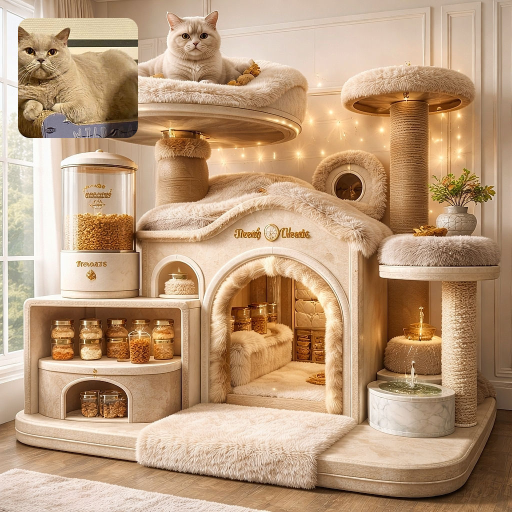 A chubby beige cat lounges regally on a cardboard scratcher, staring directly at the camera with wide, curious eyes. The cozy indoor setting highlights the cat's plush fur and relaxed posture, making it look like the king of comfort zones.