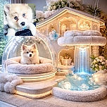 A fluffy puppy with striking blue eyes looks curiously at the camera while resting its paws on a dark textured surface, with a soft, calming indoor background featuring a framed picture.