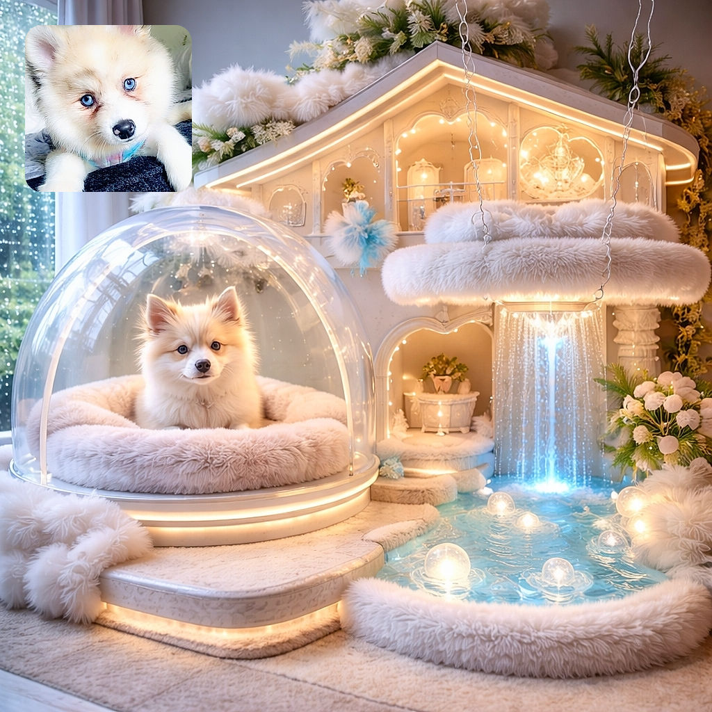 A fluffy puppy with striking blue eyes looks curiously at the camera while resting its paws on a dark textured surface, with a soft, calming indoor background featuring a framed picture.