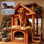 A majestic golden retriever lounges on a snowy mound, looking regal and slightly contemplative against a cloudy sky with distant mountains and a tree peeking behind.