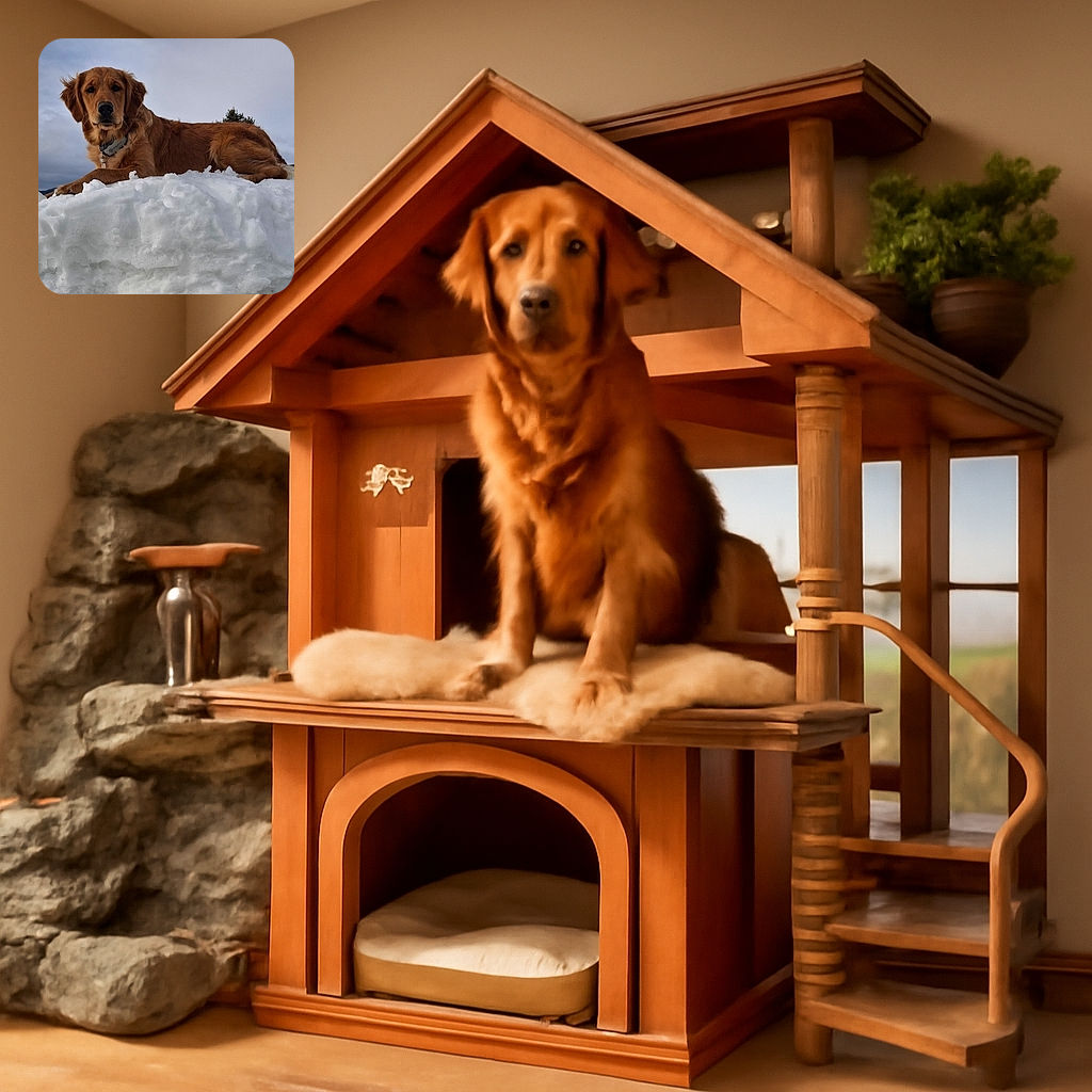 A majestic golden retriever lounges on a snowy mound, looking regal and slightly contemplative against a cloudy sky with distant mountains and a tree peeking behind.