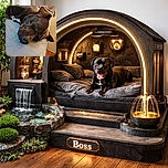 A cozy sleeping dog with shiny black fur and a white patch on its chest is peacefully napping on a soft blue fabric surface, with warm indoor lighting highlighting its relaxed features and a wooden floor visible in the background.