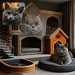 A close-up shot of a gray cat with striking amber eyes, looking curiously at the camera. In the background, a plush gingerbread man with a red bow adds a cozy touch to the scene.