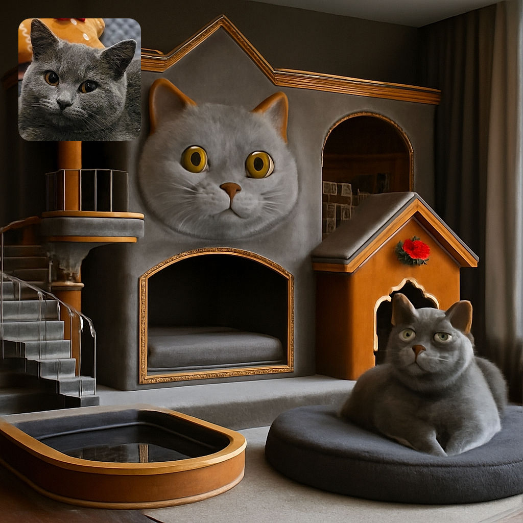 A close-up shot of a gray cat with striking amber eyes, looking curiously at the camera. In the background, a plush gingerbread man with a red bow adds a cozy touch to the scene.