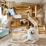 A fluffy white dog is grinning at the camera like it just heard the world’s best squeaky-toy joke, proudly posing in a cozy kitchen while its magnificent tail creates a cloud of canine drama.