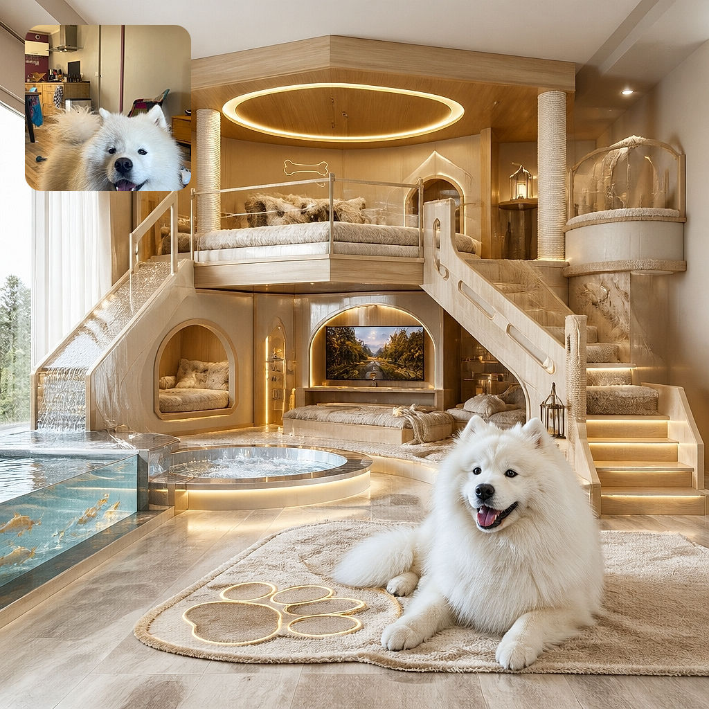 A fluffy white dog is grinning at the camera like it just heard the world’s best squeaky-toy joke, proudly posing in a cozy kitchen while its magnificent tail creates a cloud of canine drama.