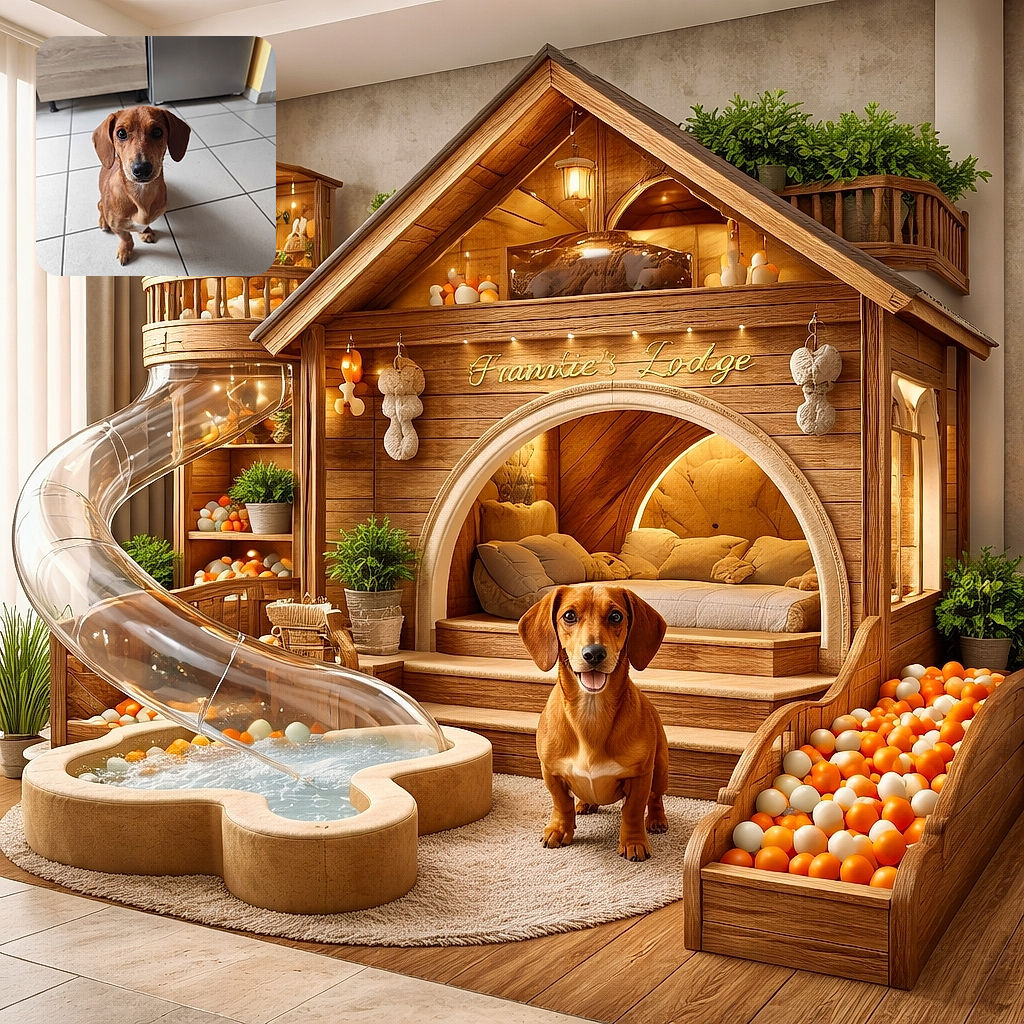 A charming small brown dog with big, soulful eyes sits attentively on a clean tiled kitchen floor, looking up with an expression that says, 'Are you going to share that snack?' The background features a wooden cabinet and a stainless steel appliance, giving a cozy home vibe.