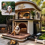 A wonderfully wrinkly bulldog sits in the garden looking deeply unimpressed, as if the roses have personally ruined his afternoon. His splayed paws and serious expression make him the furry mayor of this flower-filled patio.