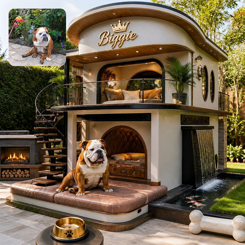 A wonderfully wrinkly bulldog sits in the garden looking deeply unimpressed, as if the roses have personally ruined his afternoon. His splayed paws and serious expression make him the furry mayor of this flower-filled patio.