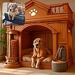 A golden retriever or similar breed is lounging comfortably on a black leather ottoman, looking relaxed and slightly pensive, with a cozy stack of pillows and framed pictures in the background, giving a homely vibe.
