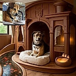 A thoughtful dog lounges comfortably on a soft surface, gazing off to the side with a calm and gentle expression. The background shows a chair and a textured wall, giving a cozy, everyday vibe.