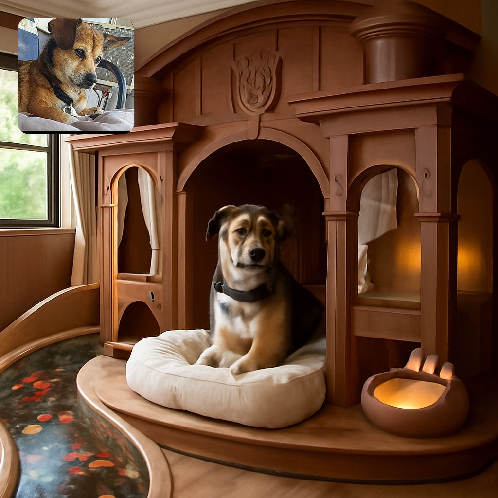 A thoughtful dog lounges comfortably on a soft surface, gazing off to the side with a calm and gentle expression. The background shows a chair and a textured wall, giving a cozy, everyday vibe.