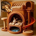 A cozy cat is sprawled out comfortably inside a brown pet carrier, paws stretched out like it's claiming the entire space. The soft lighting and plaid fabric underneath add a warm, homey vibe to this relaxed scene.