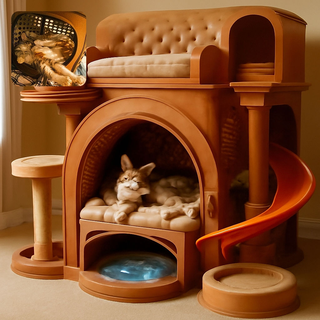 A cozy cat is sprawled out comfortably inside a brown pet carrier, paws stretched out like it's claiming the entire space. The soft lighting and plaid fabric underneath add a warm, homey vibe to this relaxed scene.