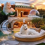 A fluffy white puppy sits proudly in the grass, gazing into the distance like a tiny cloud who has just been promoted to mayor of the backyard. Warm sunset light, dramatic clouds, and a hedge-lined garden give this canine portrait a storybook glow.