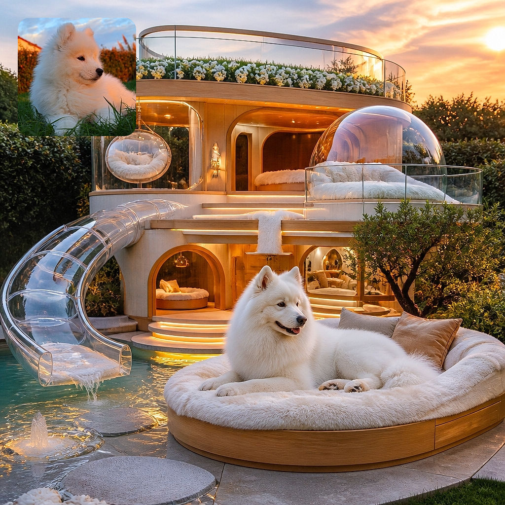 A fluffy white puppy sits proudly in the grass, gazing into the distance like a tiny cloud who has just been promoted to mayor of the backyard. Warm sunset light, dramatic clouds, and a hedge-lined garden give this canine portrait a storybook glow.