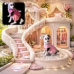 A small dog dressed in an adorable pink dress poses against a solid black background, looking slightly to the side with a curious expression. The lighting highlights the dog's fluffy white fur with black patches, creating a cute and charming portrait.