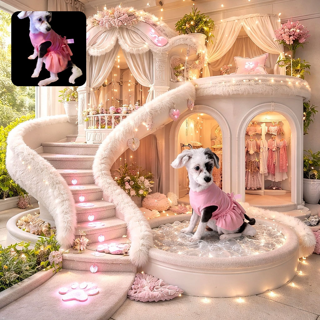 A small dog dressed in an adorable pink dress poses against a solid black background, looking slightly to the side with a curious expression. The lighting highlights the dog's fluffy white fur with black patches, creating a cute and charming portrait.