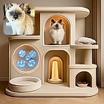 A fluffy white cat with striking blue eyes sits majestically on a smooth surface, framed by soft pink flowers in the background, giving off an aura of serene elegance and curiosity.