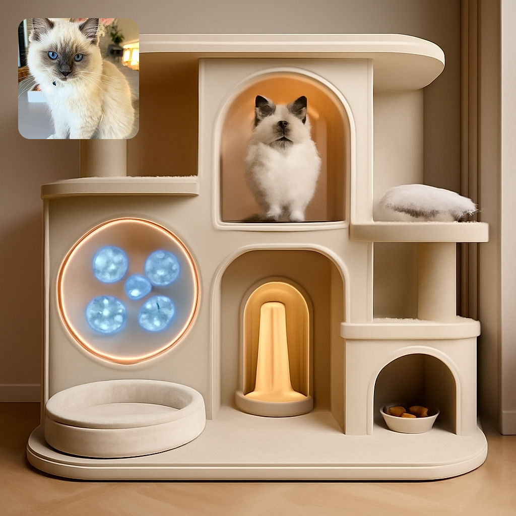 A fluffy white cat with striking blue eyes sits majestically on a smooth surface, framed by soft pink flowers in the background, giving off an aura of serene elegance and curiosity.